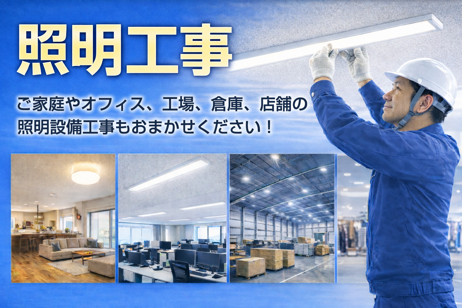 電気工事の照明工事（名古屋） ご家庭やオフィス、工場、倉庫、店舗の照明設備工事もおまかせください！